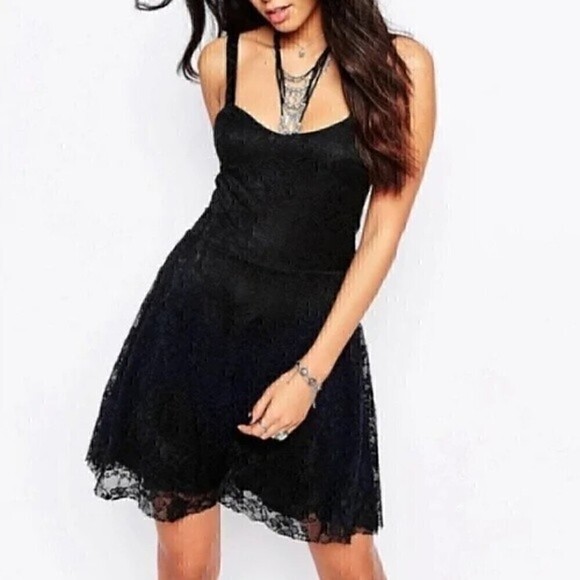 Free People Black & Blue Flocked Lace Fit & Flare Dress - Picture 1 of 5